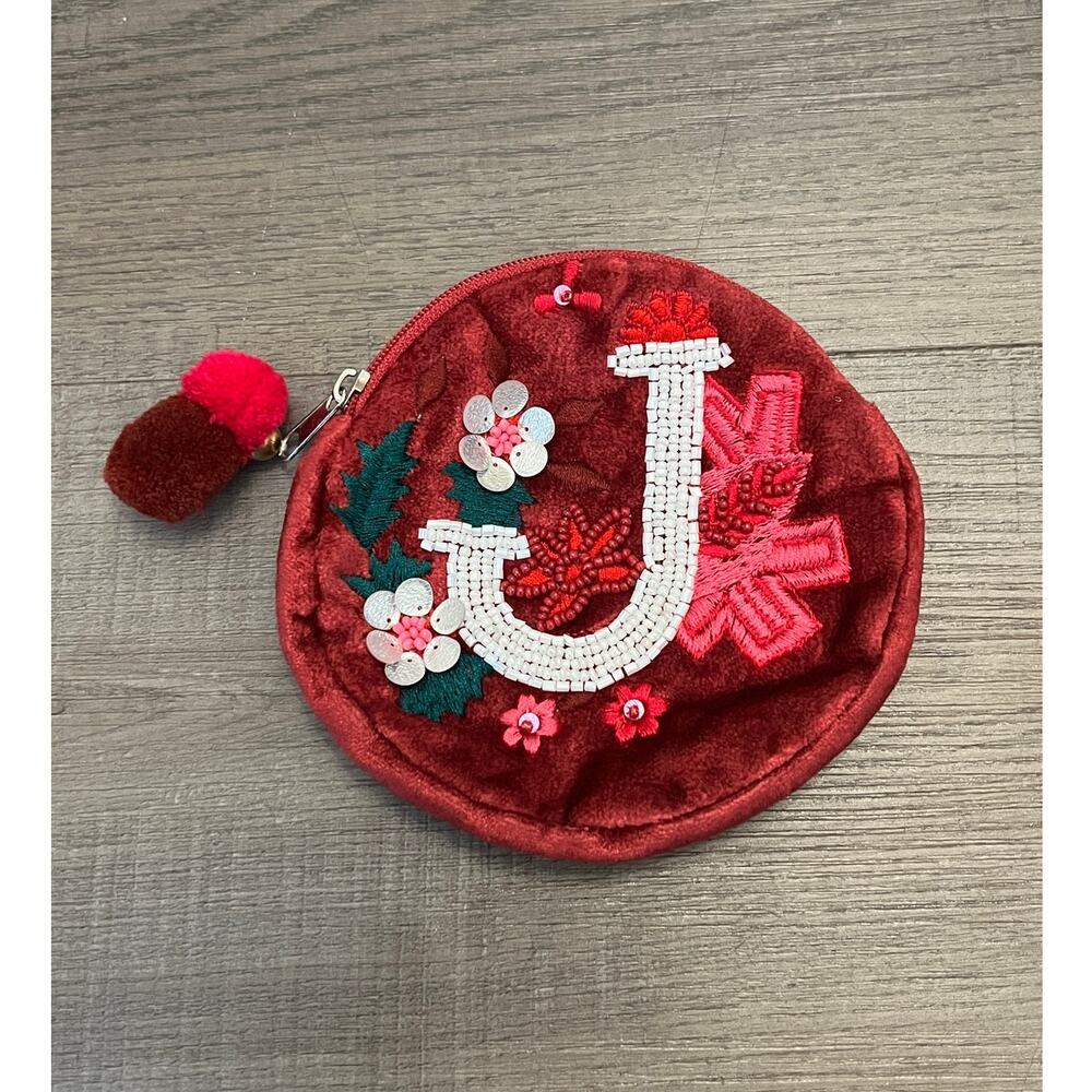 Burgundy Velvet Floral Beaded "J" Initial Coin Purse